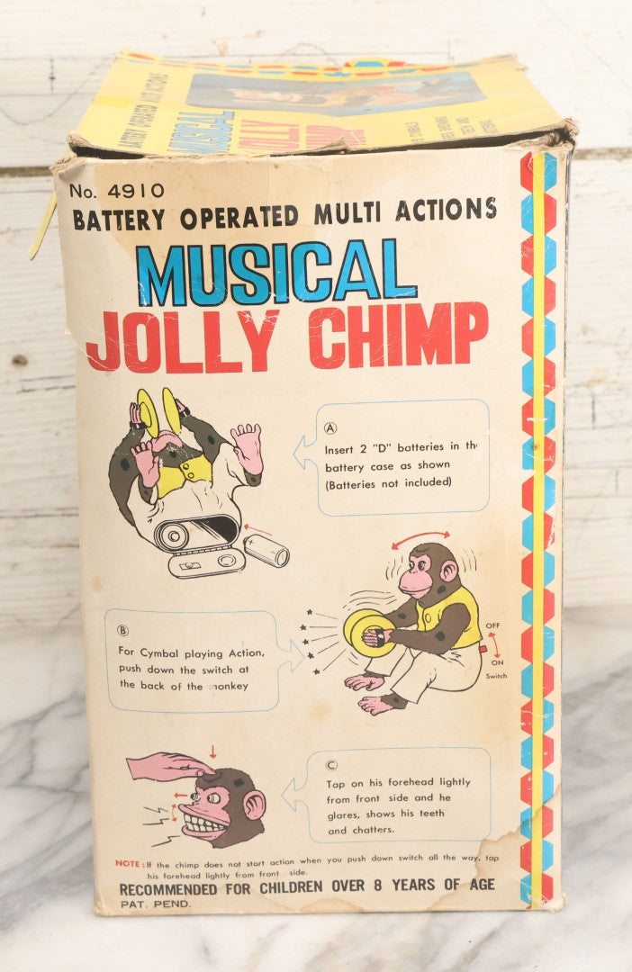 Lot 004 - Vintage Battery Operated Musical Jolly Chimp Animated Toy, Working Condition, Plays Cymbals, Glares And Shows Teeth, In Original Box, Manufactured By Daishin, No. 4910, Made In Japan