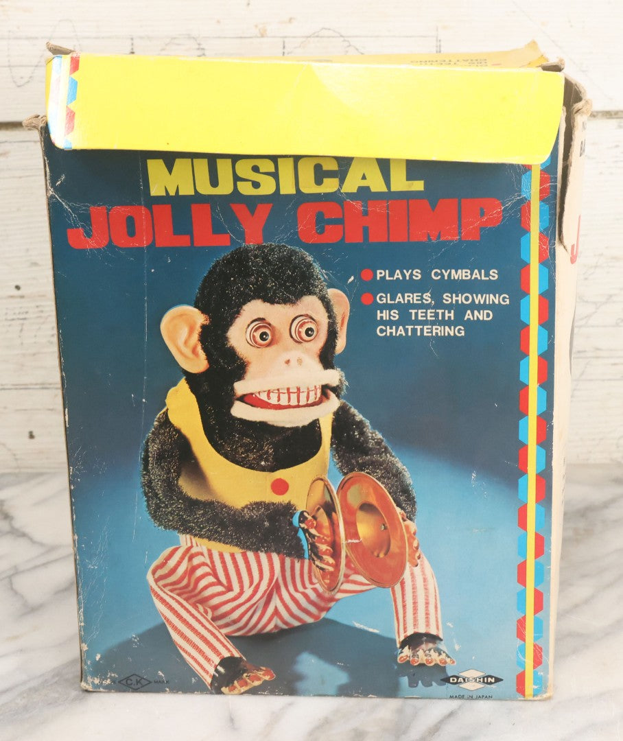 Lot 004 - Vintage Battery Operated Musical Jolly Chimp Animated Toy, Working Condition, Plays Cymbals, Glares And Shows Teeth, In Original Box, Manufactured By Daishin, No. 4910, Made In Japan