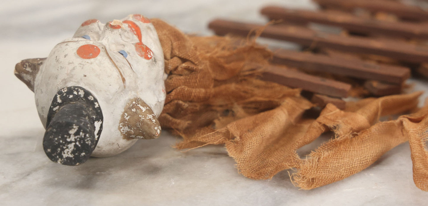 Lot 005 - Antique Animated Clown Doll With Composition Head, Remnants Of Clothes And Finger Operated Scissor Style Action