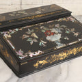 Lot 007 - Antique Black Lacquered Writing Desk Box With Mother Of Pearl Inlay And Gold Painted Decorations, Interior Velvet Lining And Pigeonhole Dividers