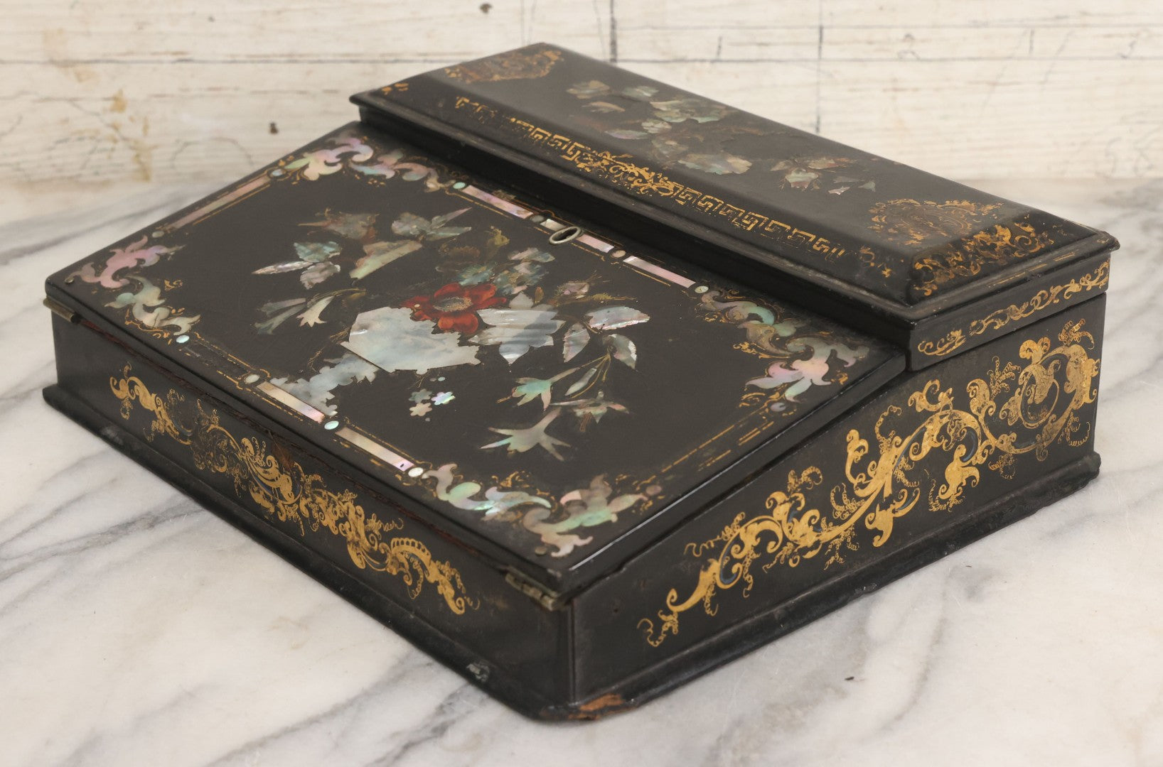 Lot 007 - Antique Black Lacquered Writing Desk Box With Mother Of Pearl Inlay And Gold Painted Decorations, Interior Velvet Lining And Pigeonhole Dividers