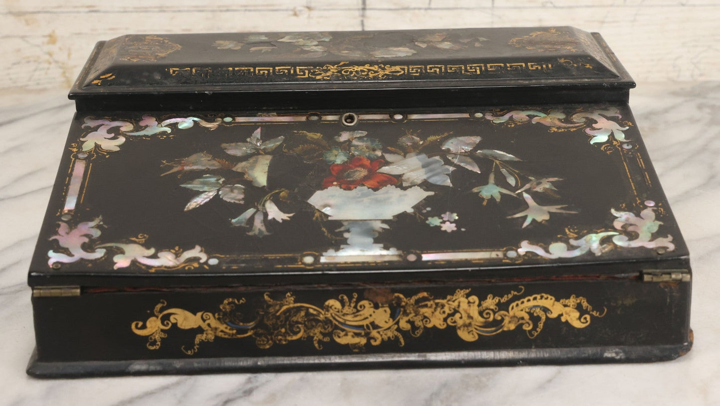Lot 007 - Antique Black Lacquered Writing Desk Box With Mother Of Pearl Inlay And Gold Painted Decorations, Interior Velvet Lining And Pigeonhole Dividers