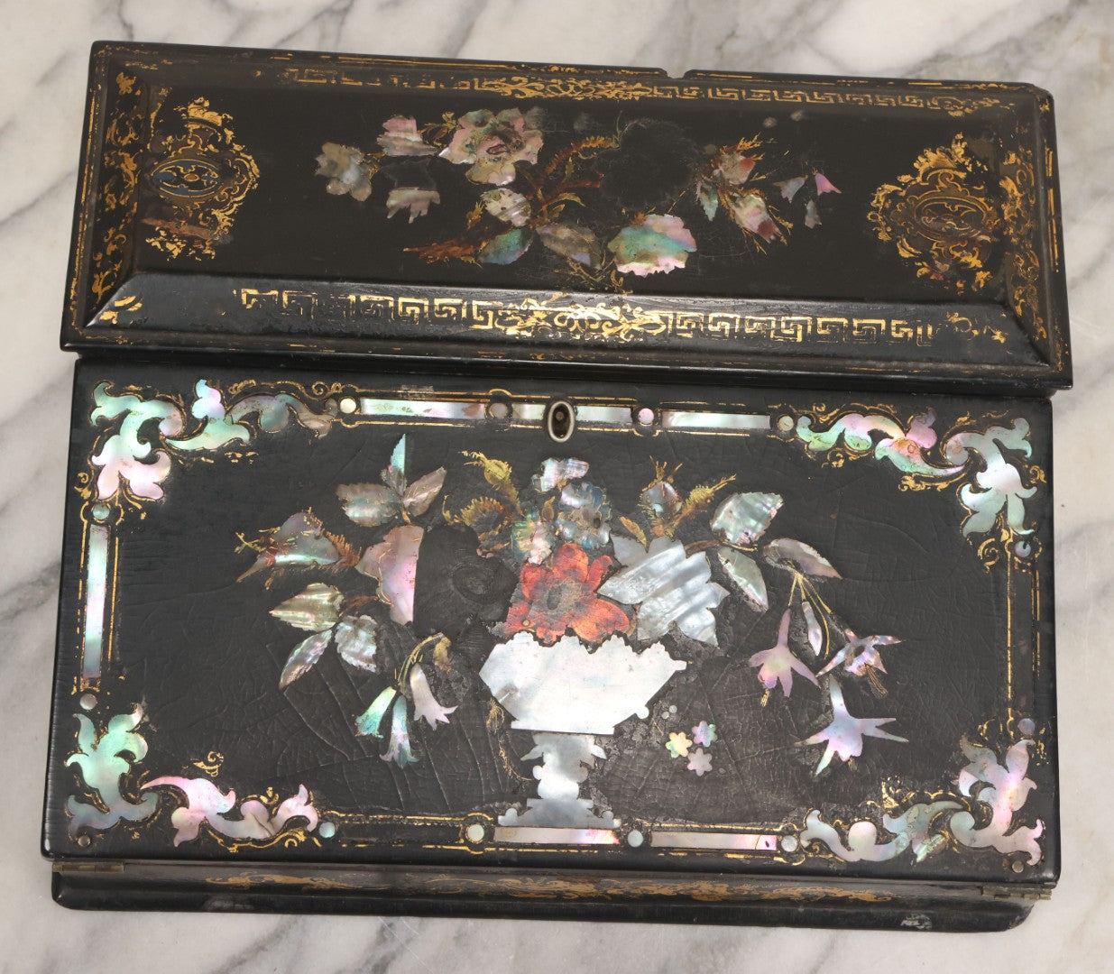 Lot 007 - Antique Black Lacquered Writing Desk Box With Mother Of Pearl Inlay And Gold Painted Decorations, Interior Velvet Lining And Pigeonhole Dividers