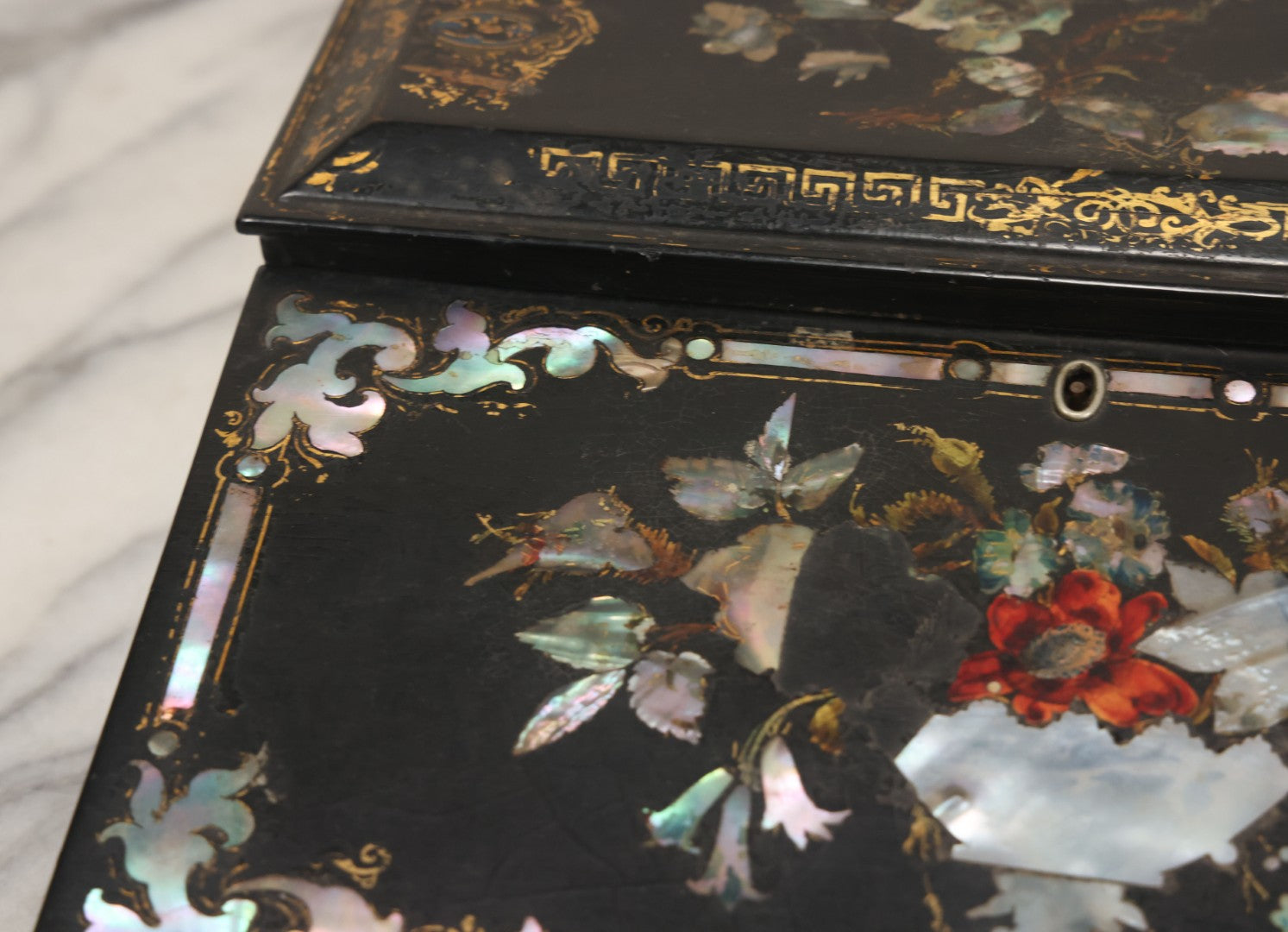 Lot 007 - Antique Black Lacquered Writing Desk Box With Mother Of Pearl Inlay And Gold Painted Decorations, Interior Velvet Lining And Pigeonhole Dividers