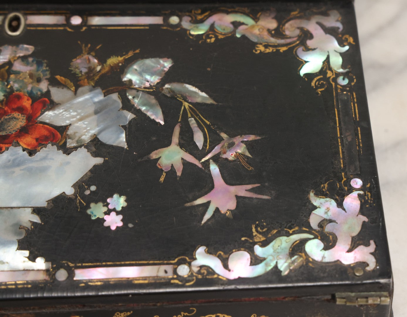 Lot 007 - Antique Black Lacquered Writing Desk Box With Mother Of Pearl Inlay And Gold Painted Decorations, Interior Velvet Lining And Pigeonhole Dividers