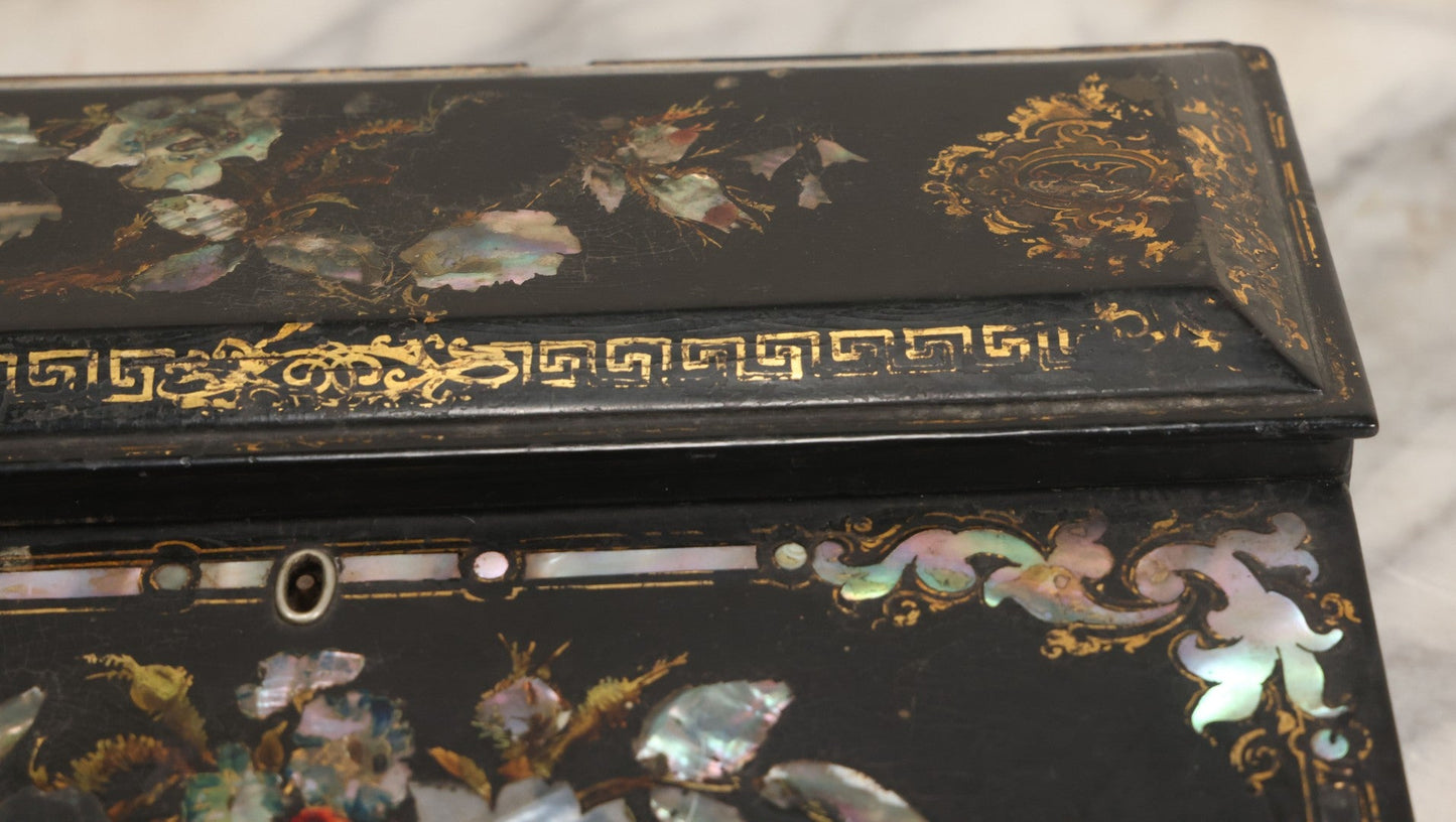 Lot 007 - Antique Black Lacquered Writing Desk Box With Mother Of Pearl Inlay And Gold Painted Decorations, Interior Velvet Lining And Pigeonhole Dividers