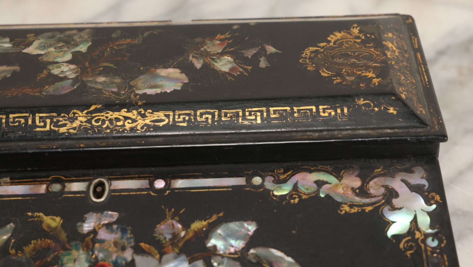 Lot 007 - Antique Black Lacquered Writing Desk Box With Mother Of Pearl Inlay And Gold Painted Decorations, Interior Velvet Lining And Pigeonhole Dividers