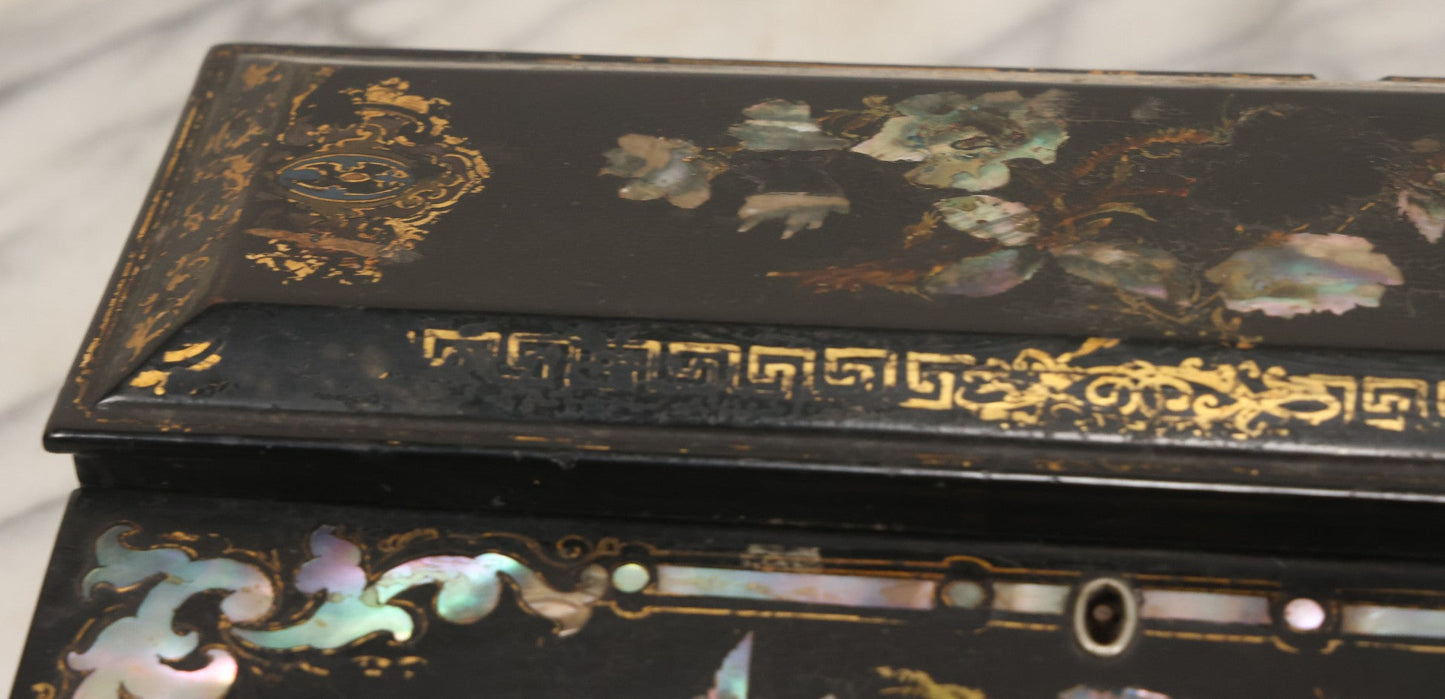 Lot 007 - Antique Black Lacquered Writing Desk Box With Mother Of Pearl Inlay And Gold Painted Decorations, Interior Velvet Lining And Pigeonhole Dividers