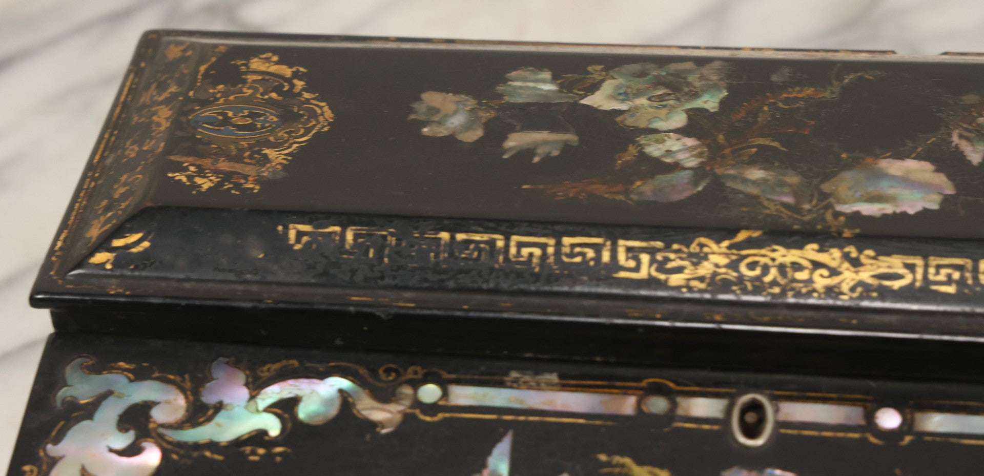 Lot 007 - Antique Black Lacquered Writing Desk Box With Mother Of Pearl Inlay And Gold Painted Decorations, Interior Velvet Lining And Pigeonhole Dividers