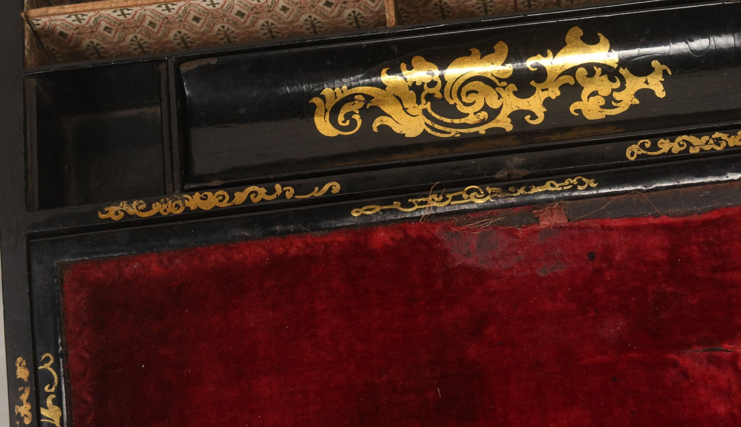 Lot 007 - Antique Black Lacquered Writing Desk Box With Mother Of Pearl Inlay And Gold Painted Decorations, Interior Velvet Lining And Pigeonhole Dividers