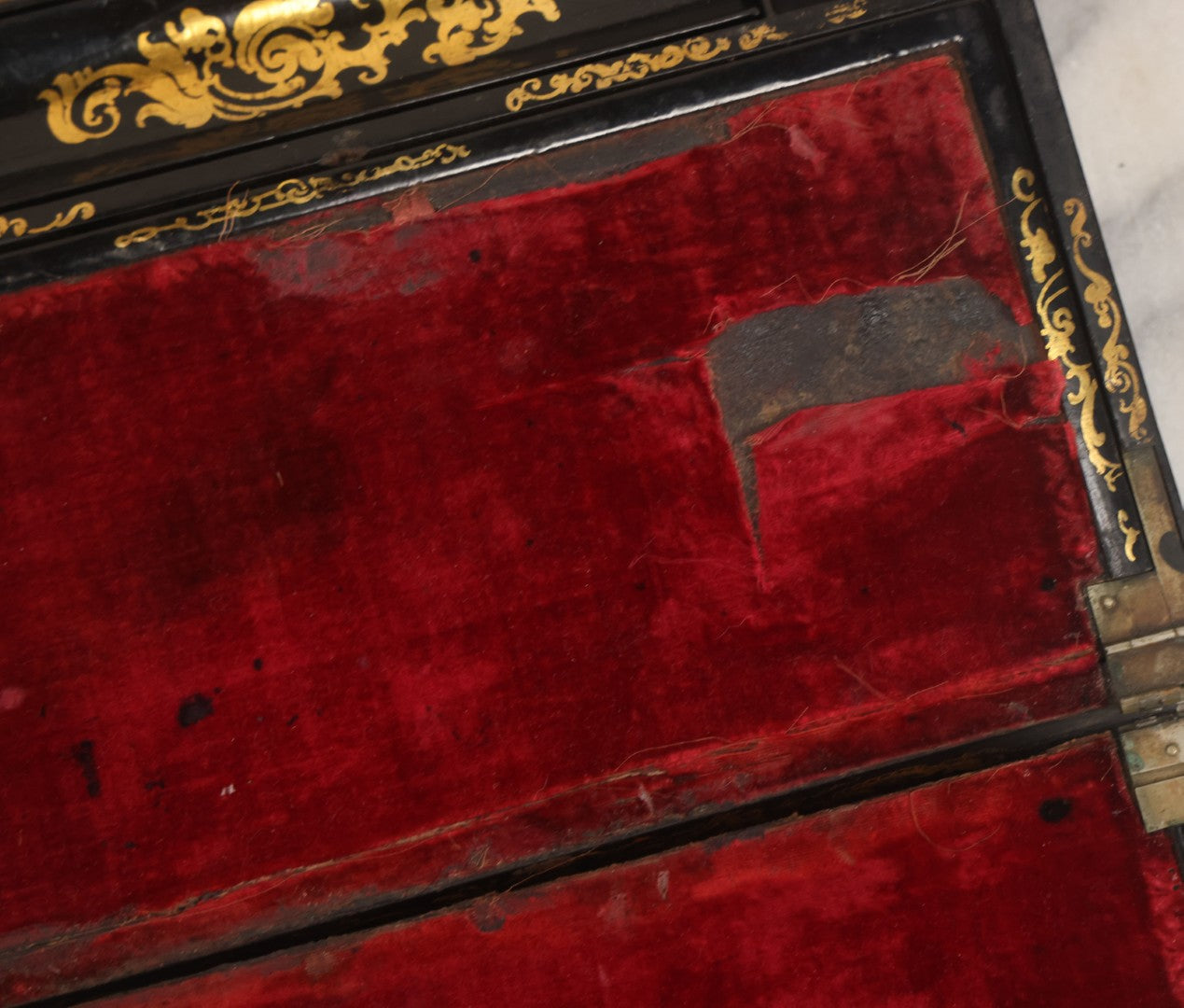 Lot 007 - Antique Black Lacquered Writing Desk Box With Mother Of Pearl Inlay And Gold Painted Decorations, Interior Velvet Lining And Pigeonhole Dividers