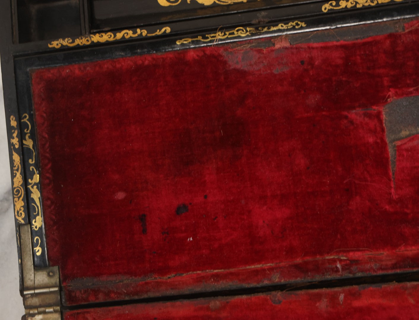 Lot 007 - Antique Black Lacquered Writing Desk Box With Mother Of Pearl Inlay And Gold Painted Decorations, Interior Velvet Lining And Pigeonhole Dividers