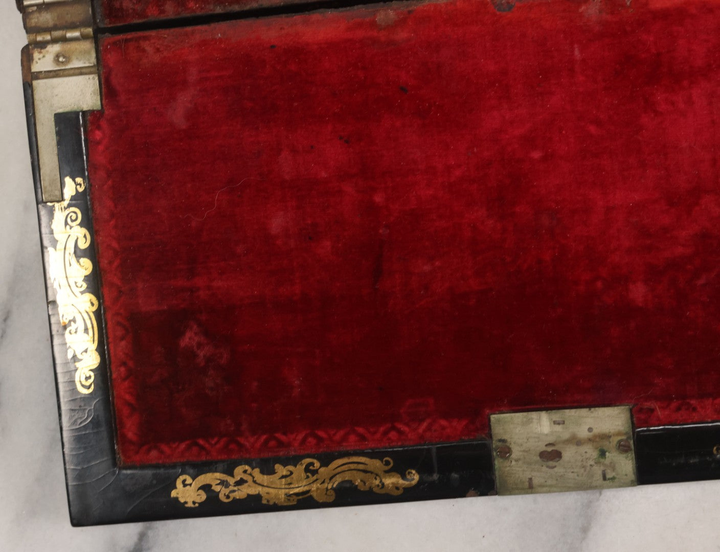 Lot 007 - Antique Black Lacquered Writing Desk Box With Mother Of Pearl Inlay And Gold Painted Decorations, Interior Velvet Lining And Pigeonhole Dividers