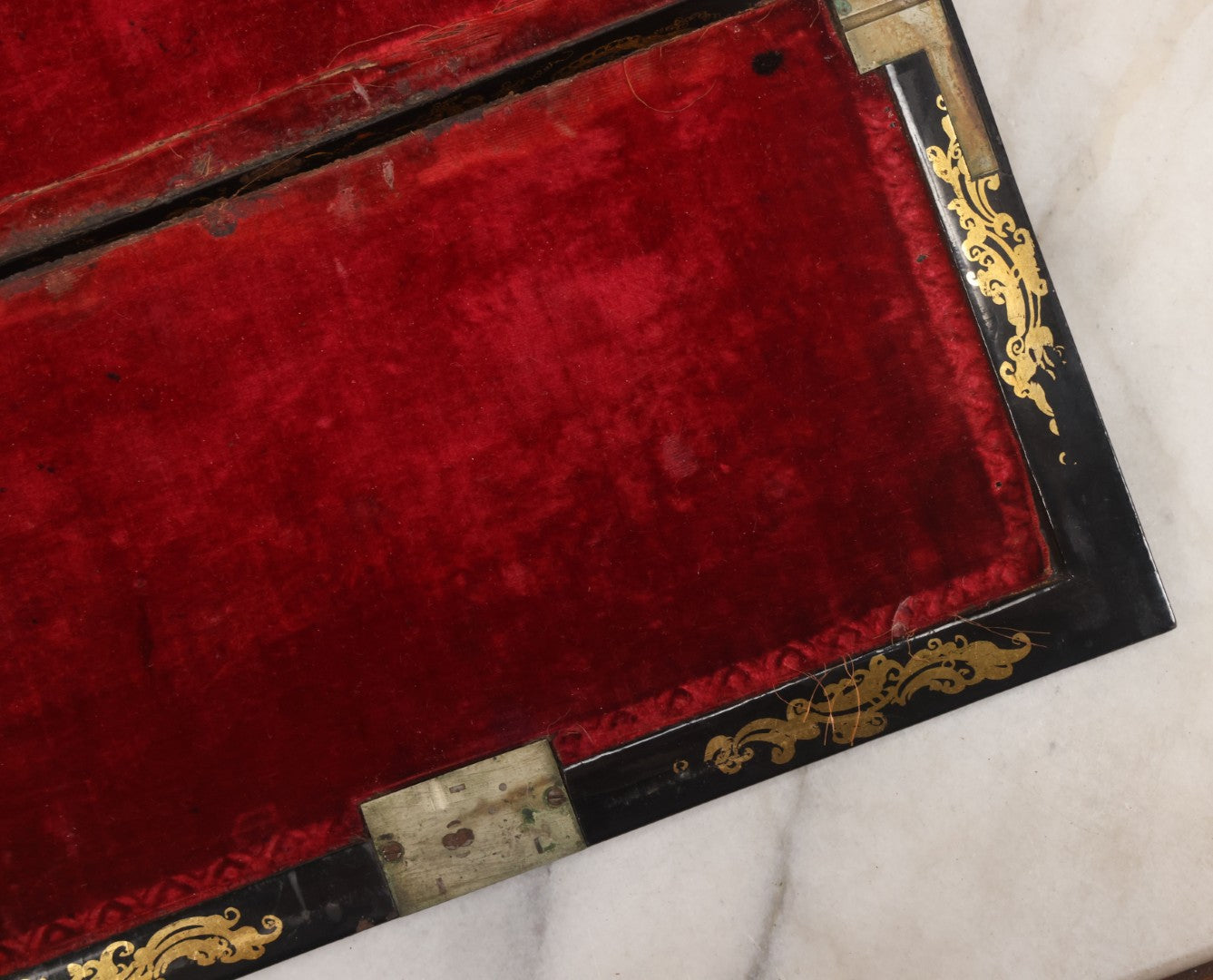 Lot 007 - Antique Black Lacquered Writing Desk Box With Mother Of Pearl Inlay And Gold Painted Decorations, Interior Velvet Lining And Pigeonhole Dividers