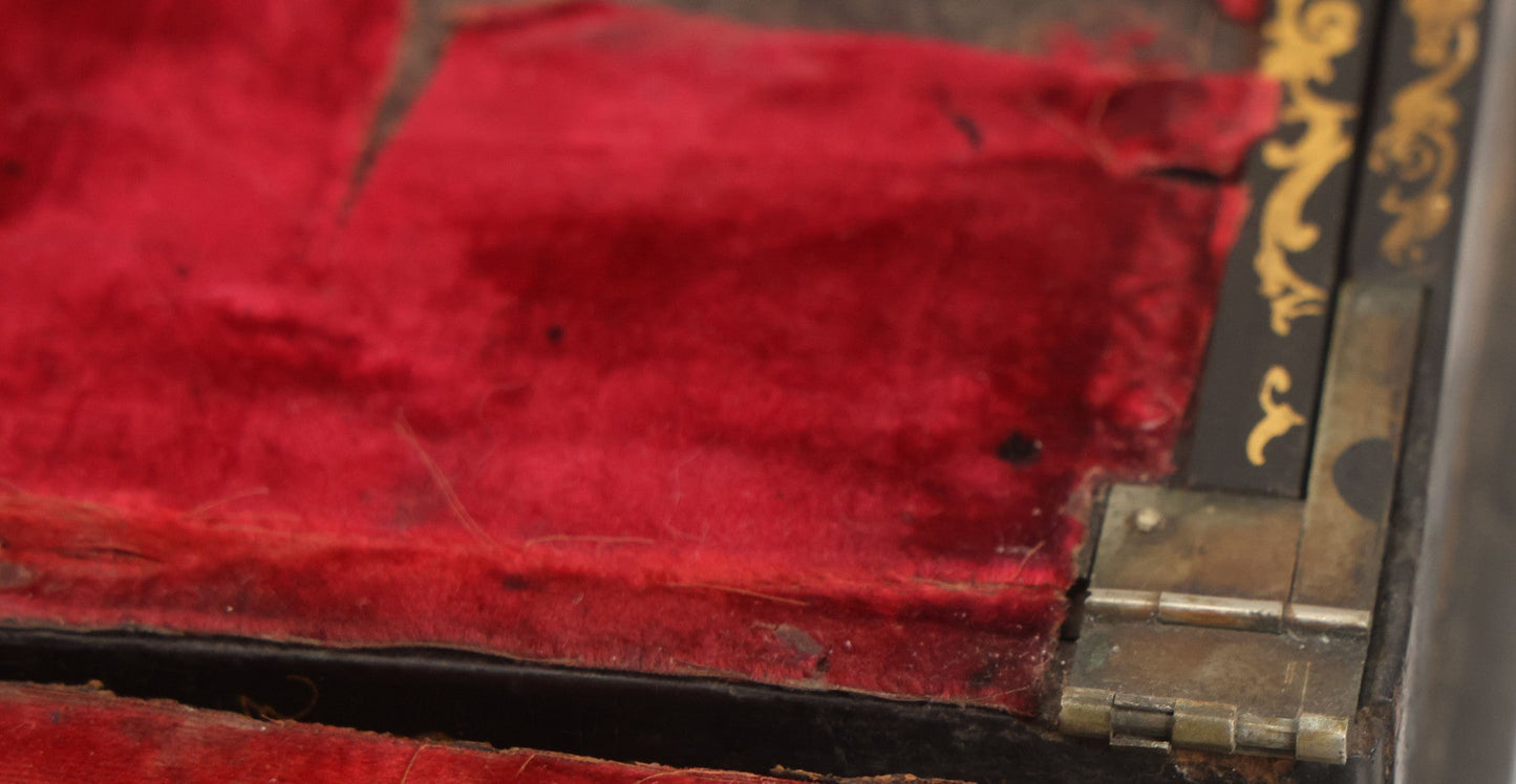 Lot 007 - Antique Black Lacquered Writing Desk Box With Mother Of Pearl Inlay And Gold Painted Decorations, Interior Velvet Lining And Pigeonhole Dividers