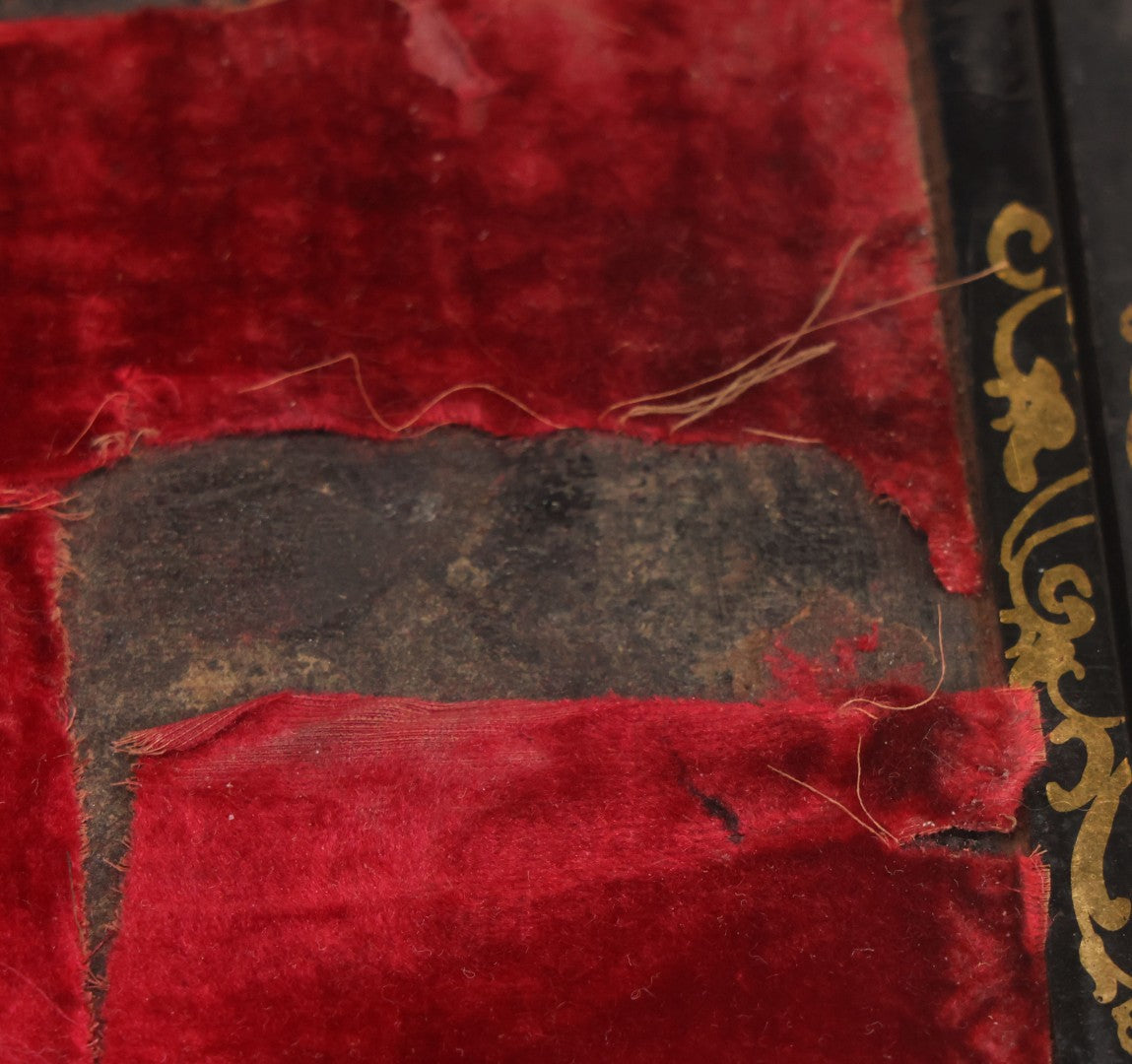 Lot 007 - Antique Black Lacquered Writing Desk Box With Mother Of Pearl Inlay And Gold Painted Decorations, Interior Velvet Lining And Pigeonhole Dividers