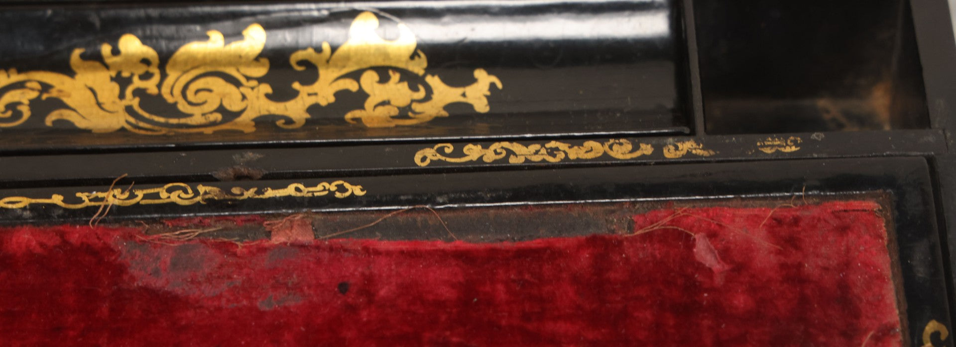 Lot 007 - Antique Black Lacquered Writing Desk Box With Mother Of Pearl Inlay And Gold Painted Decorations, Interior Velvet Lining And Pigeonhole Dividers