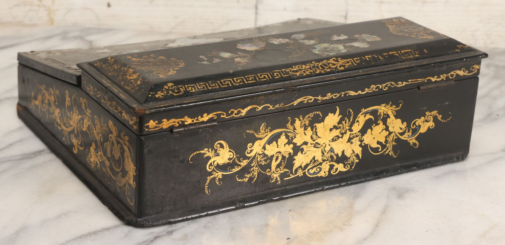 Lot 007 - Antique Black Lacquered Writing Desk Box With Mother Of Pearl Inlay And Gold Painted Decorations, Interior Velvet Lining And Pigeonhole Dividers