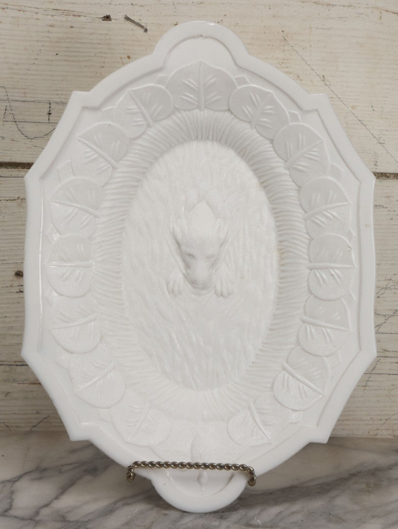 Lot 008 - Antique Milkglass Bread Platter With Figural Swimming Dog Hunting Duck Surrounded By Lily Pads, Three Dimensional Scene, Manufactured By Atterbury & Co., Note Minor Chips And Imperfections