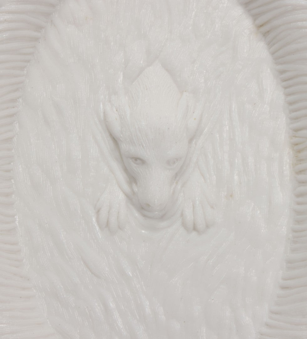 Lot 008 - Antique Milkglass Bread Platter With Figural Swimming Dog Hunting Duck Surrounded By Lily Pads, Three Dimensional Scene, Manufactured By Atterbury & Co., Note Minor Chips And Imperfections