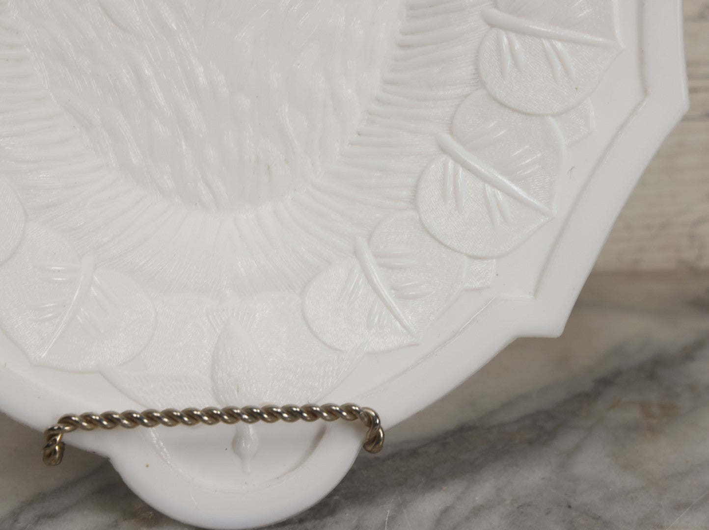 Lot 008 - Antique Milkglass Bread Platter With Figural Swimming Dog Hunting Duck Surrounded By Lily Pads, Three Dimensional Scene, Manufactured By Atterbury & Co., Note Minor Chips And Imperfections