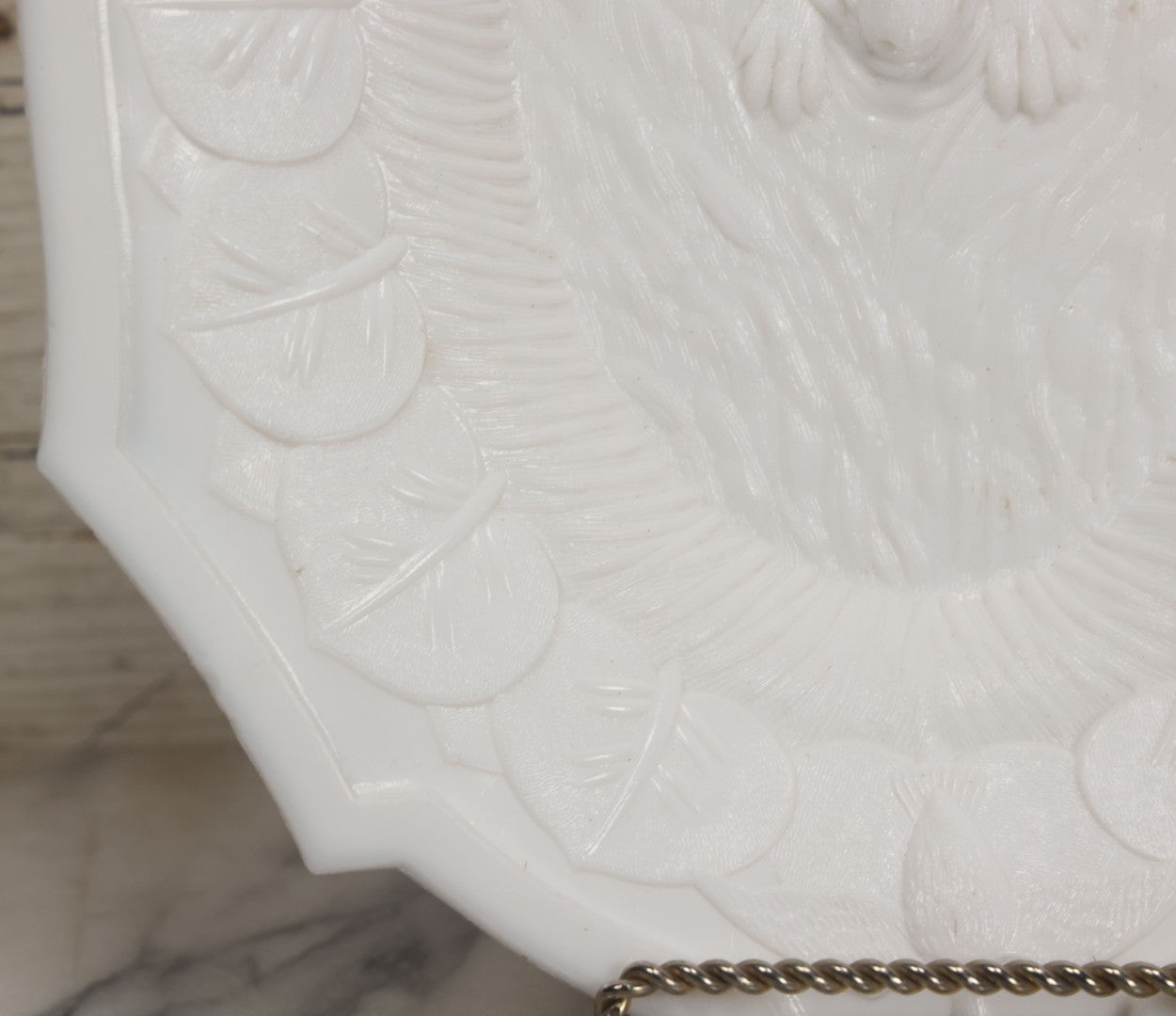 Lot 008 - Antique Milkglass Bread Platter With Figural Swimming Dog Hunting Duck Surrounded By Lily Pads, Three Dimensional Scene, Manufactured By Atterbury & Co., Note Minor Chips And Imperfections