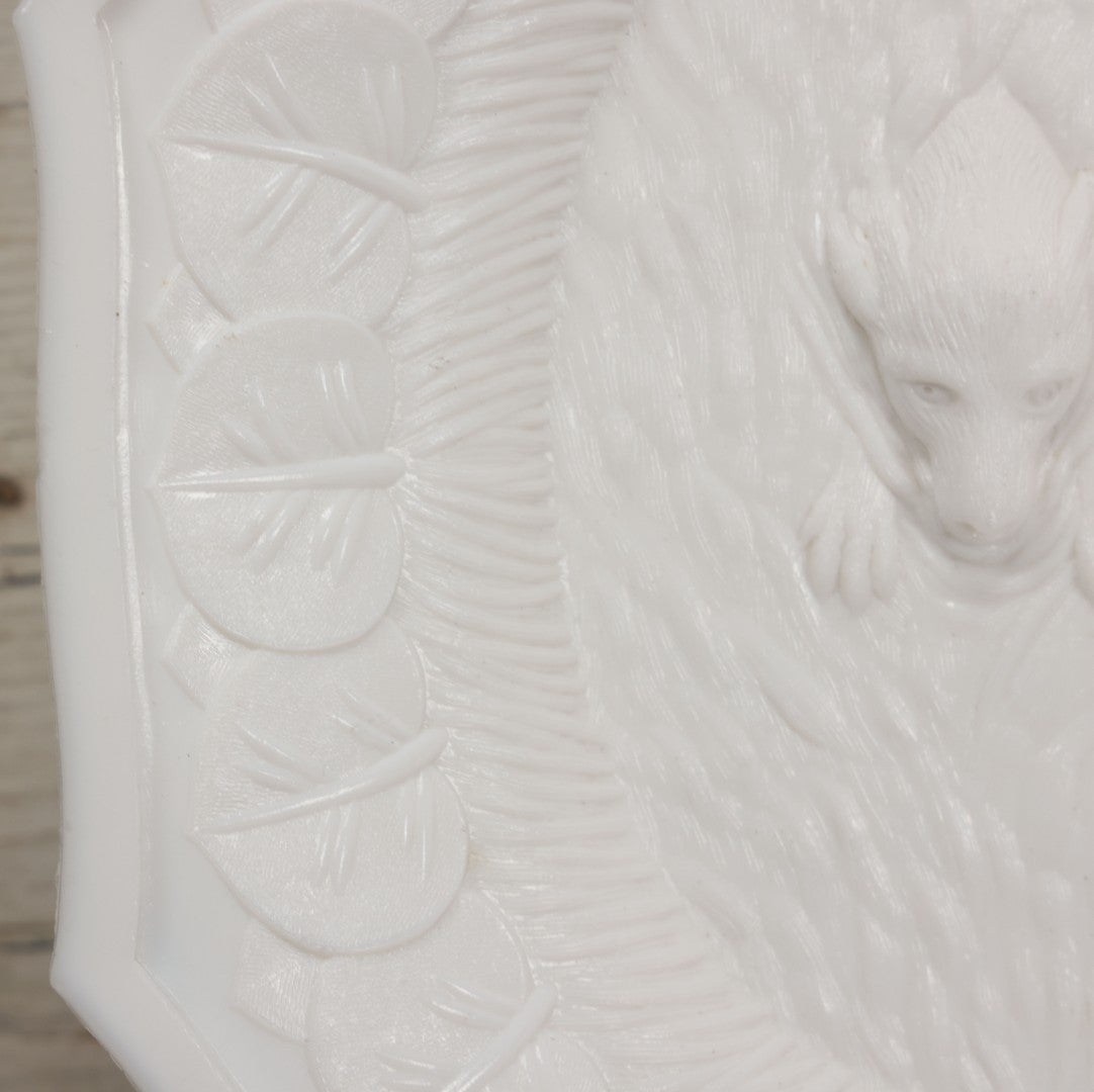 Lot 008 - Antique Milkglass Bread Platter With Figural Swimming Dog Hunting Duck Surrounded By Lily Pads, Three Dimensional Scene, Manufactured By Atterbury & Co., Note Minor Chips And Imperfections