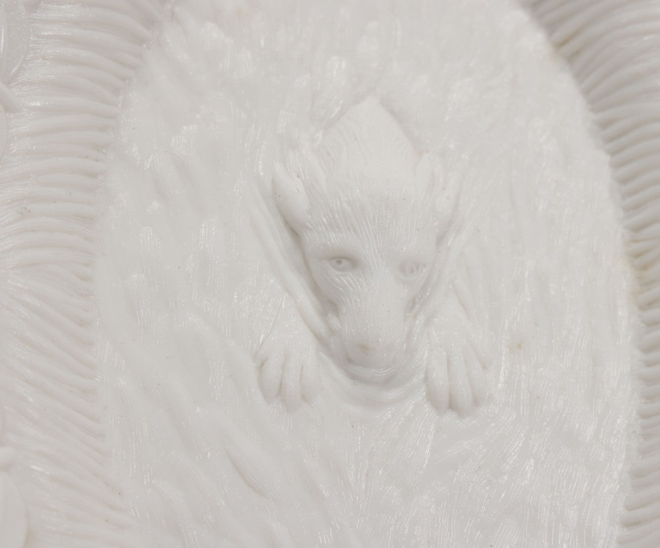 Lot 008 - Antique Milkglass Bread Platter With Figural Swimming Dog Hunting Duck Surrounded By Lily Pads, Three Dimensional Scene, Manufactured By Atterbury & Co., Note Minor Chips And Imperfections