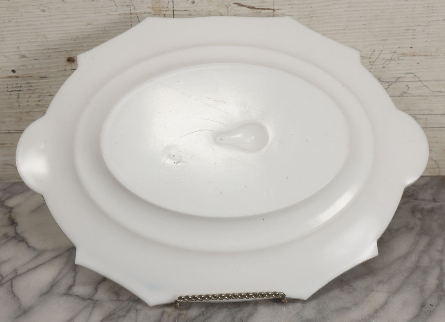 Lot 008 - Antique Milkglass Bread Platter With Figural Swimming Dog Hunting Duck Surrounded By Lily Pads, Three Dimensional Scene, Manufactured By Atterbury & Co., Note Minor Chips And Imperfections