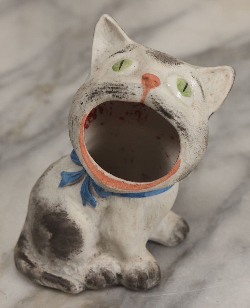 Lot 009 - Vintage Bisque Painted Cat Ashtray With Blue Bow And Green Eyes, Made In Germany, 4" Height