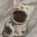 Lot 009 - Vintage Bisque Painted Cat Ashtray With Blue Bow And Green Eyes, Made In Germany, 4" Height