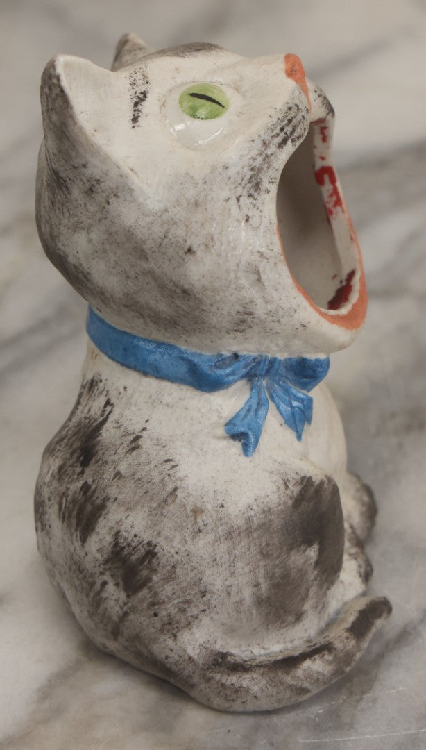 Lot 009 - Vintage Bisque Painted Cat Ashtray With Blue Bow And Green Eyes, Made In Germany, 4" Height