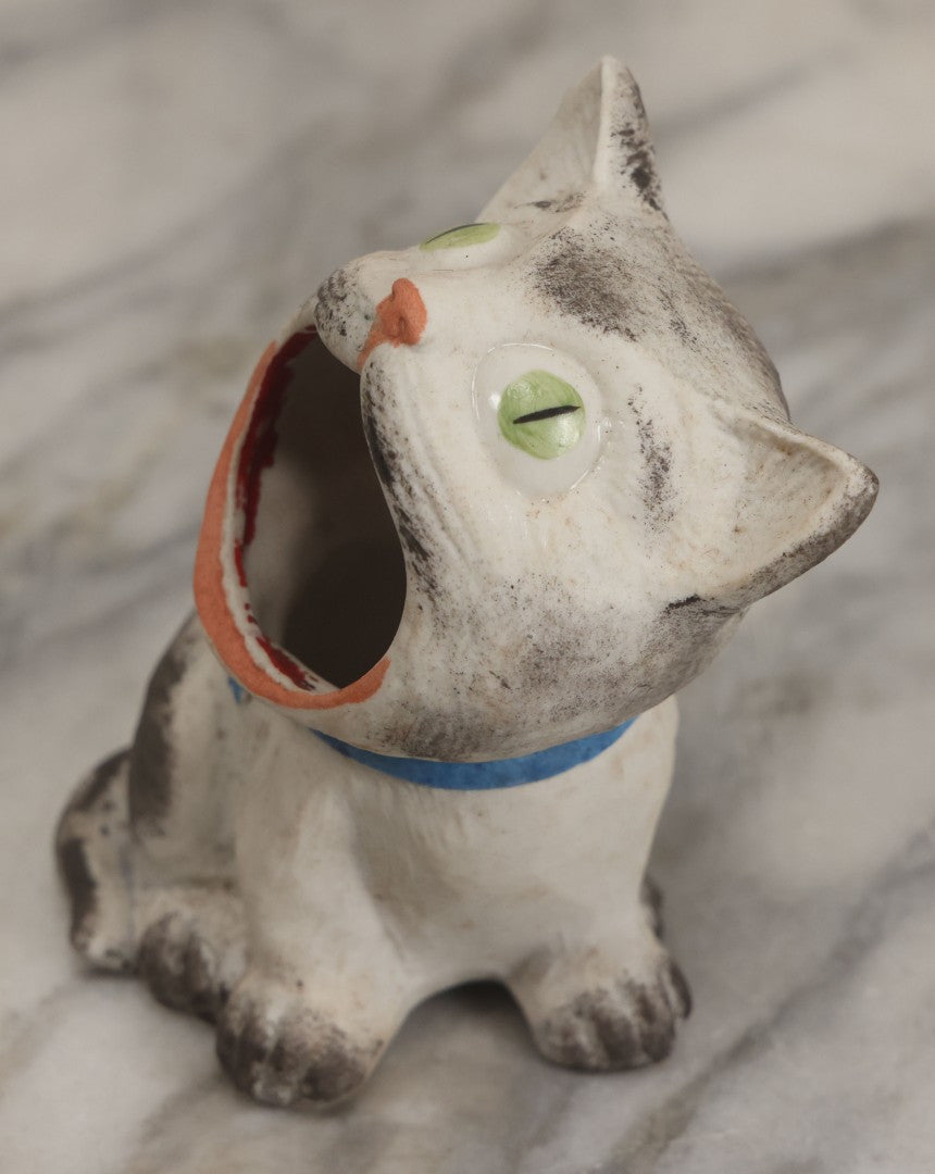 Lot 009 - Vintage Bisque Painted Cat Ashtray With Blue Bow And Green Eyes, Made In Germany, 4" Height