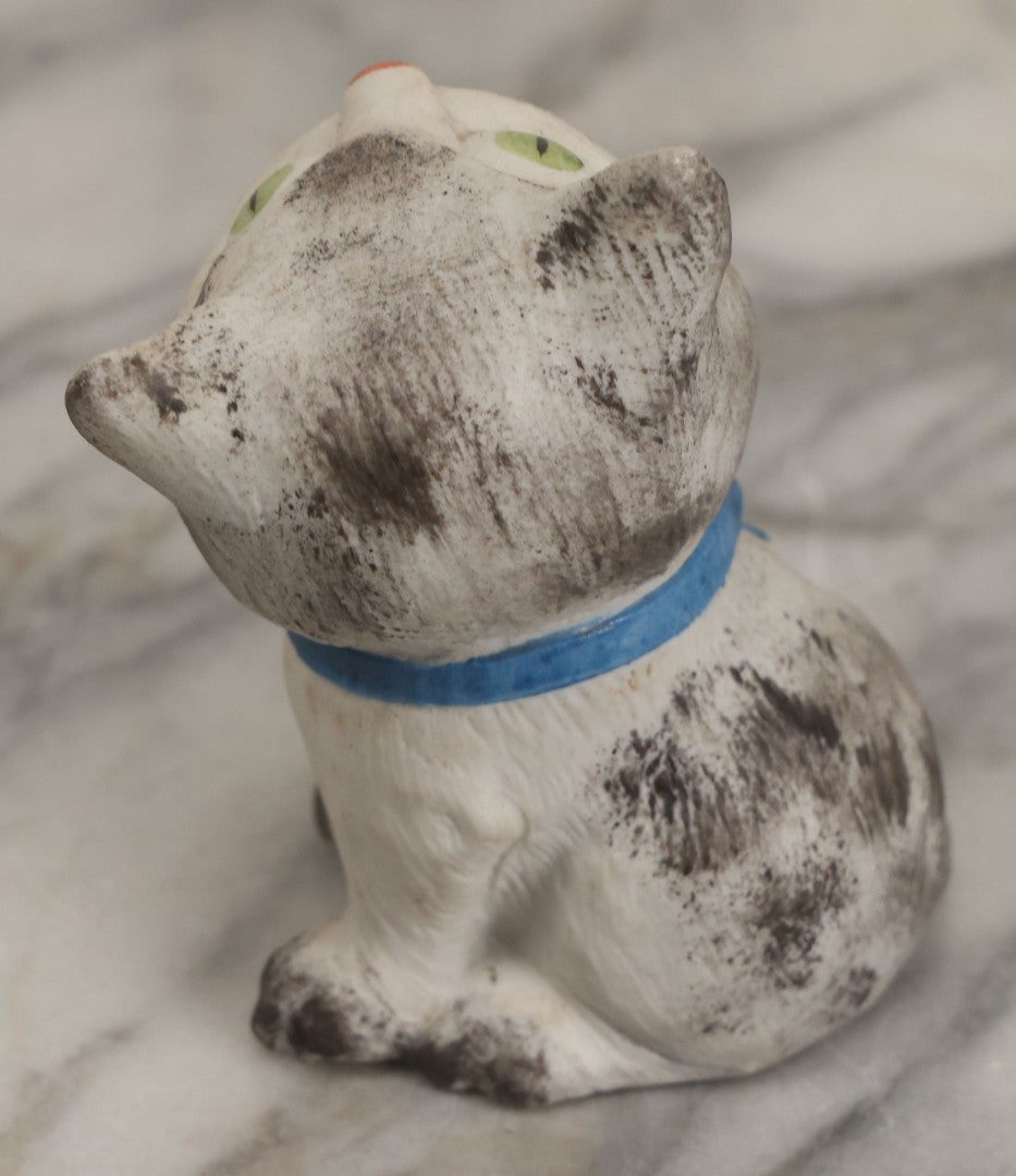 Lot 009 - Vintage Bisque Painted Cat Ashtray With Blue Bow And Green Eyes, Made In Germany, 4" Height