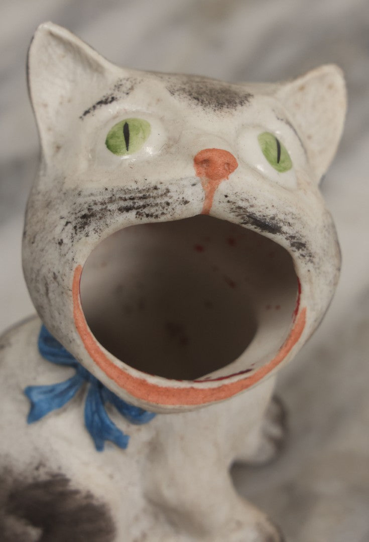 Lot 009 - Vintage Bisque Painted Cat Ashtray With Blue Bow And Green Eyes, Made In Germany, 4" Height
