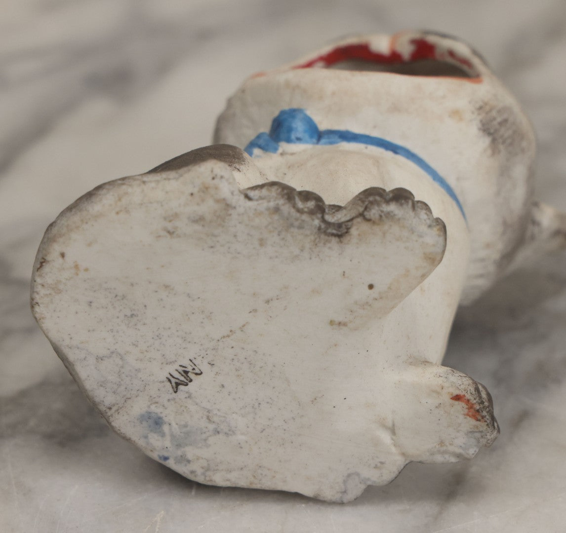 Lot 009 - Vintage Bisque Painted Cat Ashtray With Blue Bow And Green Eyes, Made In Germany, 4" Height