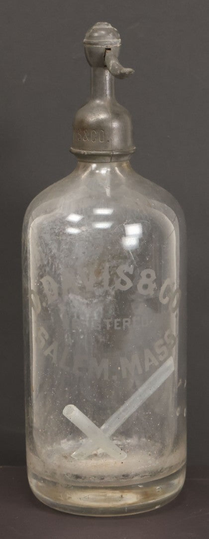 Lot 011 - Antique D. Davis & Co., Salem, Massachusetts, Glass Seltzer Soda Bottle With Matching Stamped Siphon Head