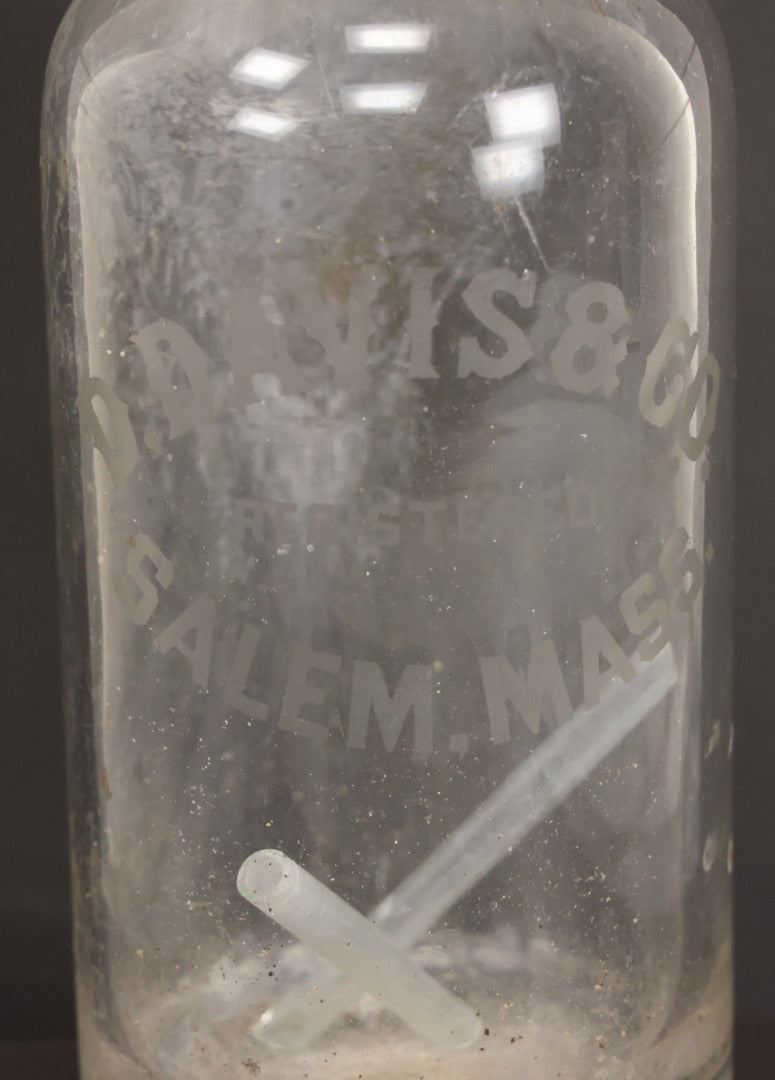 Lot 011 - Antique D. Davis & Co., Salem, Massachusetts, Glass Seltzer Soda Bottle With Matching Stamped Siphon Head