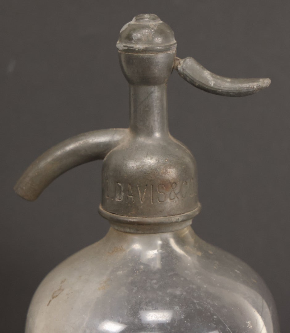 Lot 011 - Antique D. Davis & Co., Salem, Massachusetts, Glass Seltzer Soda Bottle With Matching Stamped Siphon Head