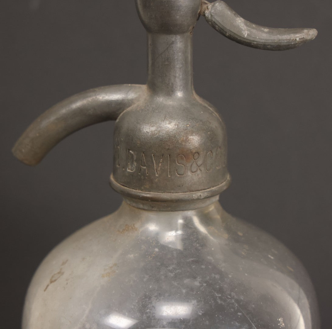 Lot 011 - Antique D. Davis & Co., Salem, Massachusetts, Glass Seltzer Soda Bottle With Matching Stamped Siphon Head