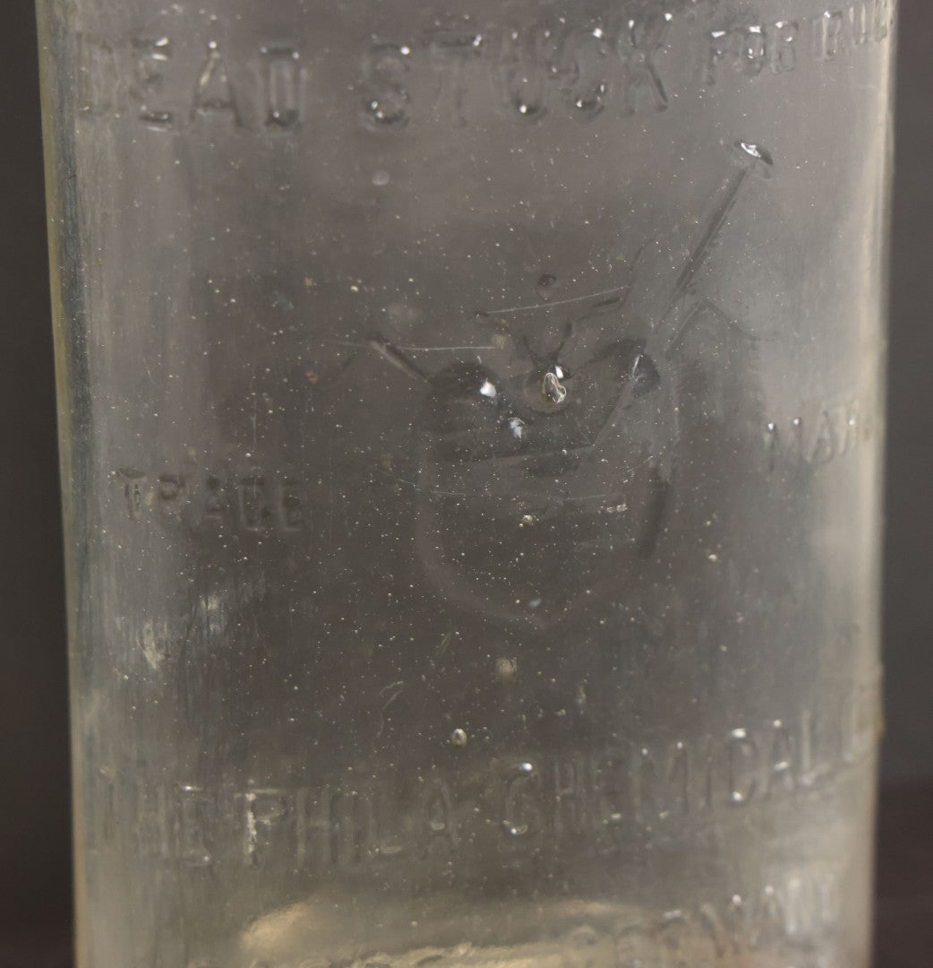 Lot 012 - Antique Bug Killer Glass Bottle, "Dead Stuck" For Bugs, With Pierced Bug Raised Graphic And Lettering, The Philadelphia Chemical Co., Castle, Germany, And Philadelphia, Pennsylvania, 8-5/8" Height