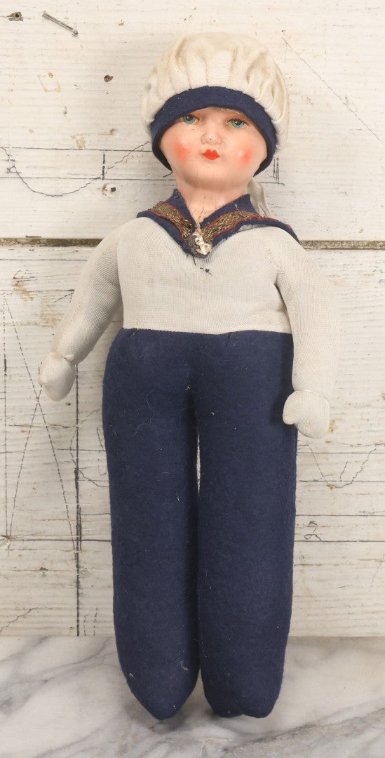 Lot 015 - Vintage Sailor Doll With Stuffed Fabric Body And Paperboard Head, Red Painted Lips And Blue Eyes, With Collar And Hat, 13" Height