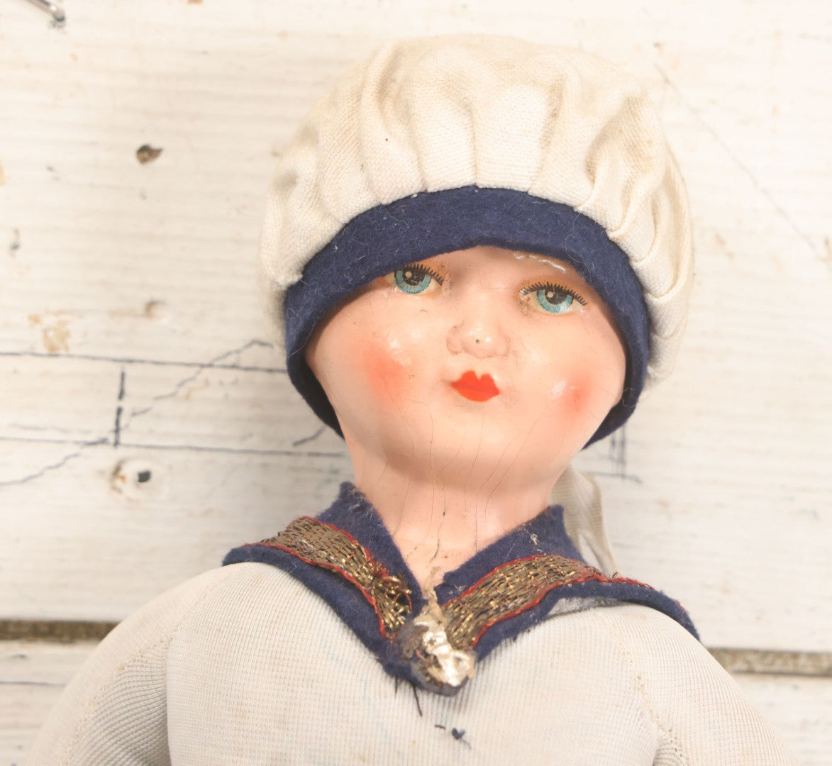 Lot 015 - Vintage Sailor Doll With Stuffed Fabric Body And Paperboard Head, Red Painted Lips And Blue Eyes, With Collar And Hat, 13" Height