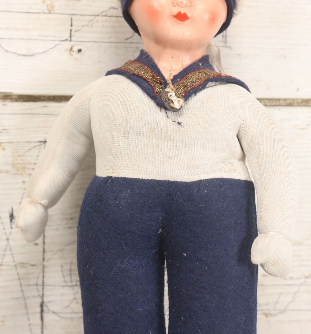 Lot 015 - Vintage Sailor Doll With Stuffed Fabric Body And Paperboard Head, Red Painted Lips And Blue Eyes, With Collar And Hat, 13" Height