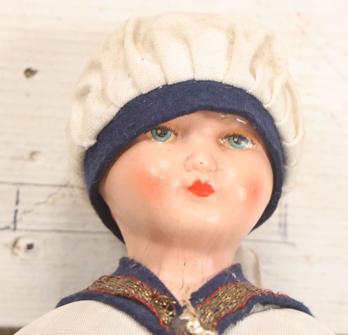 Lot 015 - Vintage Sailor Doll With Stuffed Fabric Body And Paperboard Head, Red Painted Lips And Blue Eyes, With Collar And Hat, 13" Height
