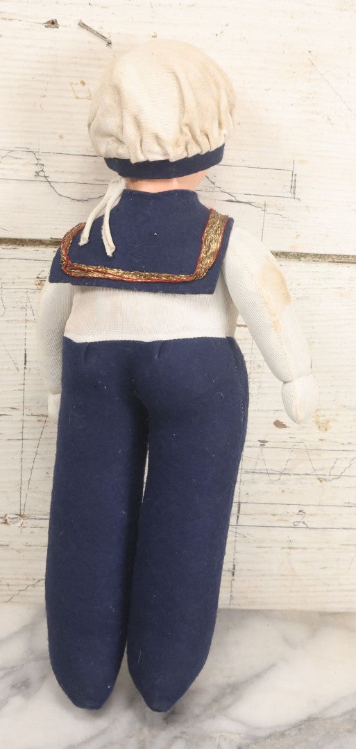 Lot 015 - Vintage Sailor Doll With Stuffed Fabric Body And Paperboard Head, Red Painted Lips And Blue Eyes, With Collar And Hat, 13" Height