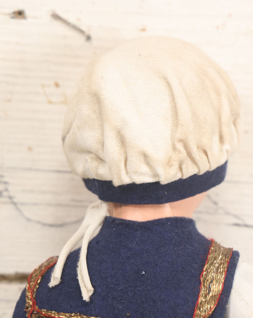 Lot 015 - Vintage Sailor Doll With Stuffed Fabric Body And Paperboard Head, Red Painted Lips And Blue Eyes, With Collar And Hat, 13" Height