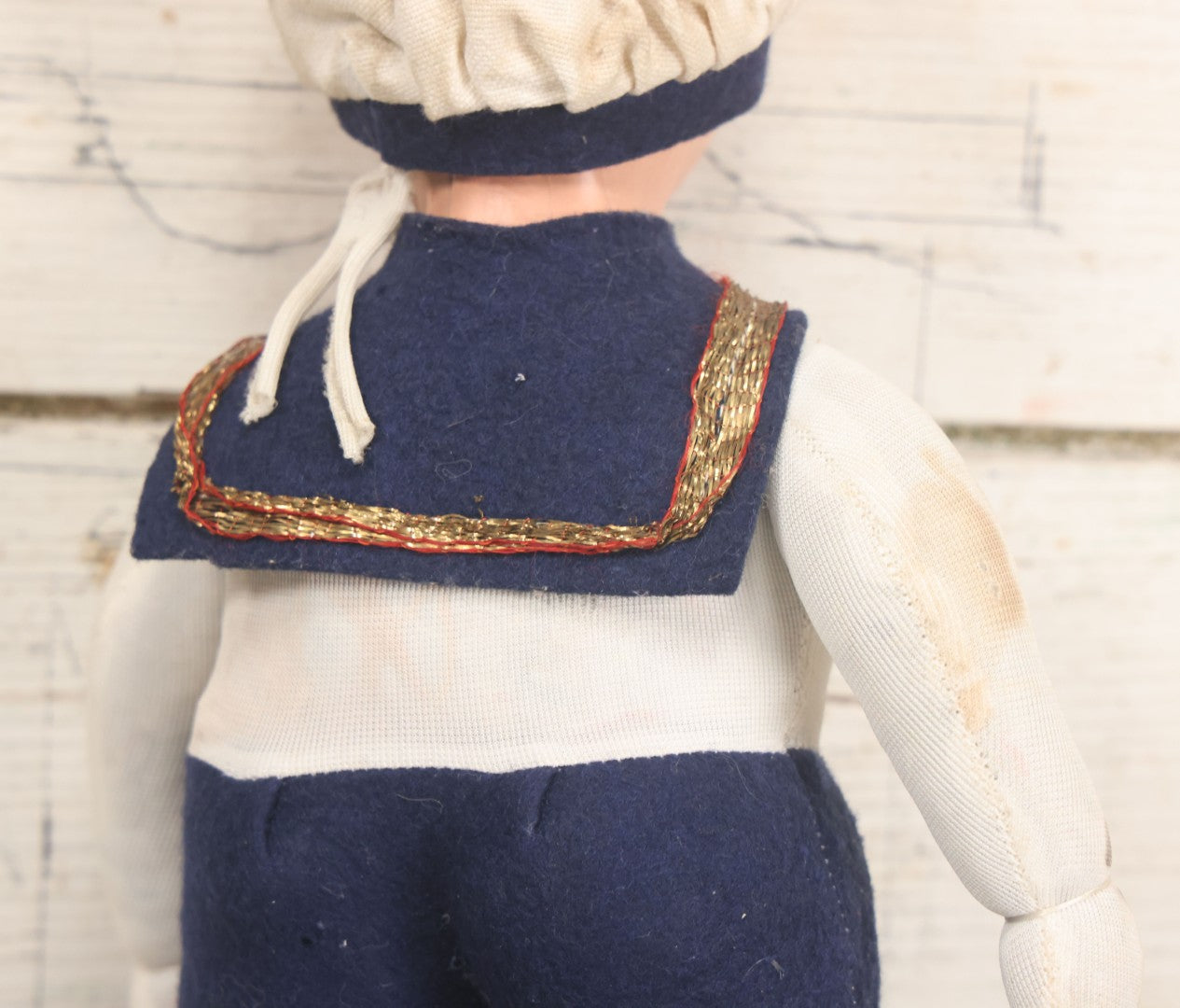 Lot 015 - Vintage Sailor Doll With Stuffed Fabric Body And Paperboard Head, Red Painted Lips And Blue Eyes, With Collar And Hat, 13" Height
