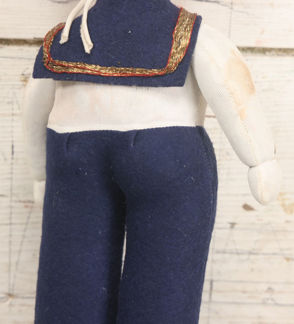 Lot 015 - Vintage Sailor Doll With Stuffed Fabric Body And Paperboard Head, Red Painted Lips And Blue Eyes, With Collar And Hat, 13" Height