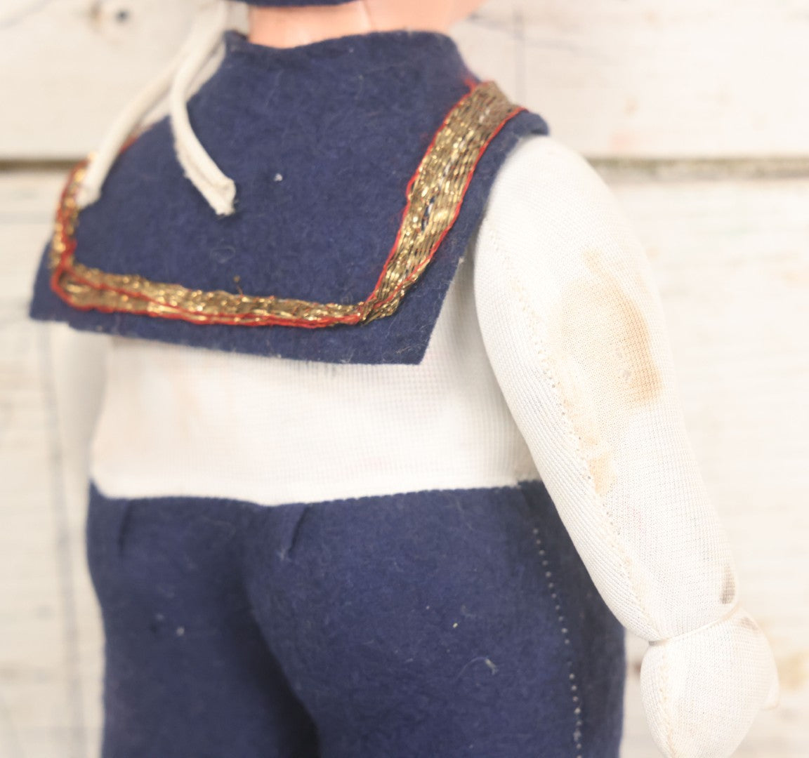 Lot 015 - Vintage Sailor Doll With Stuffed Fabric Body And Paperboard Head, Red Painted Lips And Blue Eyes, With Collar And Hat, 13" Height